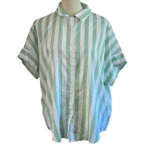 Zaful Forever Young Green White Striped Button-Up Top Women XL Short Sleeves NWT